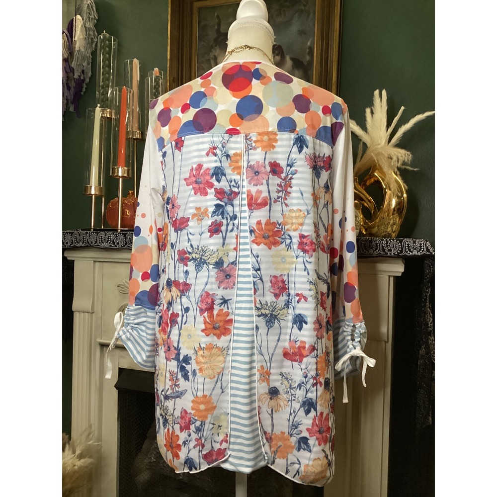 Multiples Women Floral Polka Dot Striped Mixed Media Tunic Top V-Neck Small